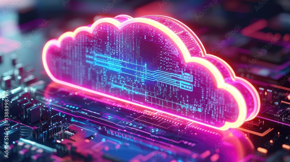 Poster Clouds server intelligent glowing system driving globalization concept. Futuristic cloud design on a digital circuit board.