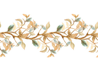 Floral seamless border with green and beige leaves. Hand-drawn illustration