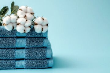 Three folded blue towels with a cotton branch on them on a light blue background. Demonstration of perfect cleanliness and care for linen. Natural and ecological fabrics.