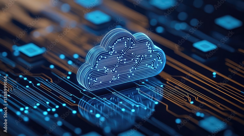 Poster Cloud server intelligent innovation driving global systems concept. Futuristic cloud computing technology with intricate circuitry.