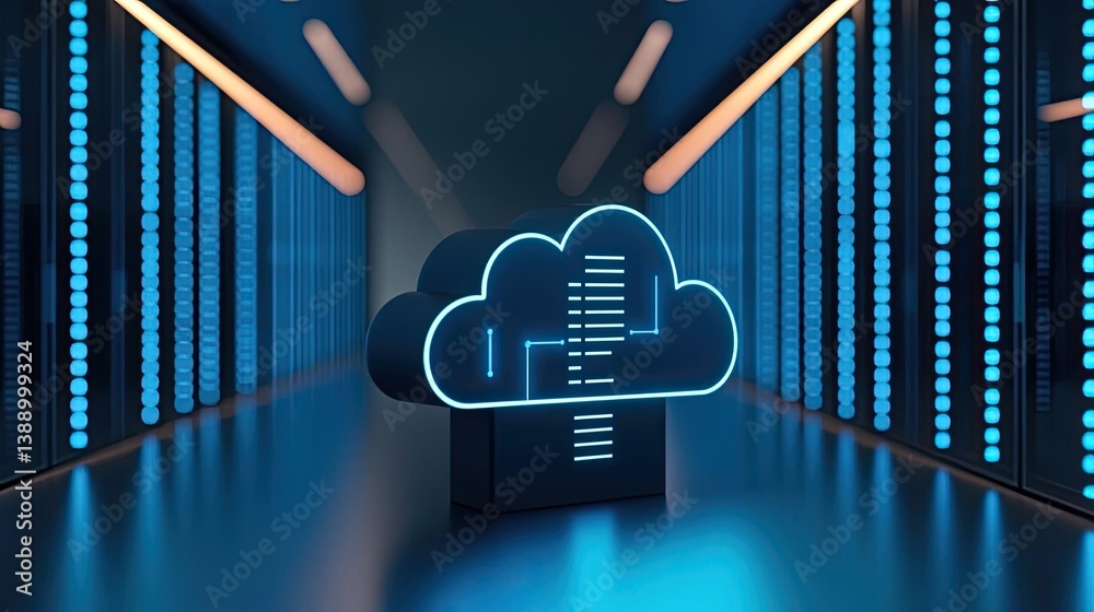 Poster Cloud server intelligent innovation for managing systems concept. Futuristic cloud symbol with digital data streams in a server room.