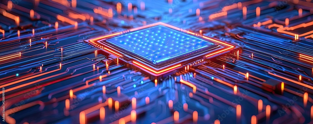Poster Clouds server intelligent glowing system driving globalization concept. Close-up view of a futuristic microchip on a circuit board.
