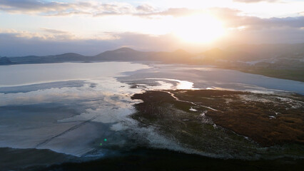 Various drone images taken in the morning light of Yarisli Lake with its different texture and unique coastal shapes near Burdur city in southern Türkiye