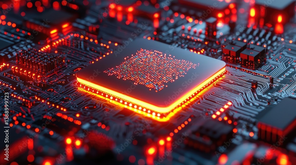 Poster Cloud server intelligent innovation for managing systems concept. Close-up of a glowing microchip on a circuit board.
