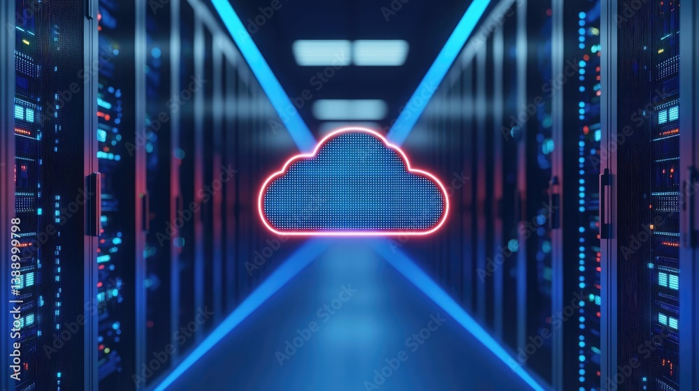 Poster cloud server intelligent innovation for managing systems concept. futuristic server room with neon c