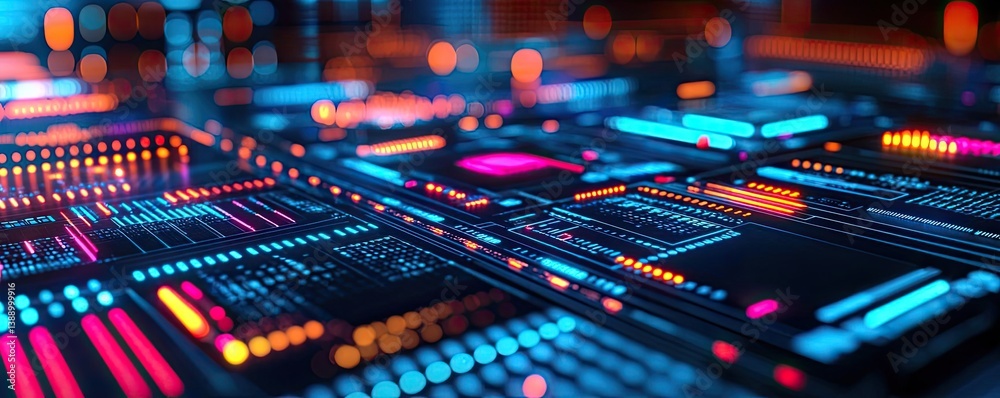 Poster Clouds server intelligent glowing system driving globalization concept. Close-up view of vibrant, illuminated circuit board technology.