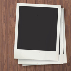 Blank old instant photograph vertical frames superimposed on cut timber panels mocha mousse tone square background graphic illustration.