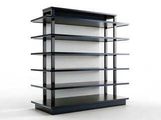Silhouetted 3D-rendered display rack shelves, empty and ready for showcasing products on a pristine white backdrop.