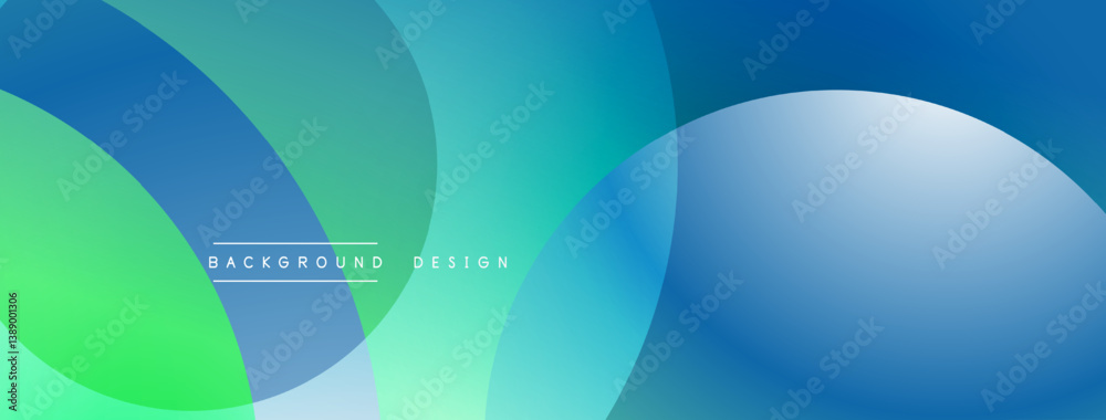 Poster Abstract design features overlapping circles. Colors transition from green to blue. Minimalist aesthetic, modern style. Smooth gradients create depth.