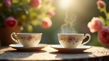 Exquisite Tea in a Garden: Vintage Teaware, Floral Backdrops, and Natural Light for Serene Relaxation and Cultural Elegance - Photo Stock Concept