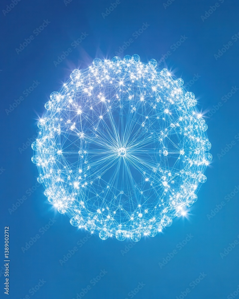 Poster abstract glowing sphere on blue background representing connection networking technology and innovat