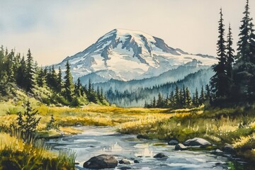 A peaceful watercolor landscape depicts mountains rivers and forests gracefully