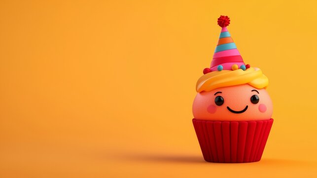 An animated-style red cupcake with a smiling face, colorful party hat topper, vibrant cartoonish design, cheerful mood, bold outlines