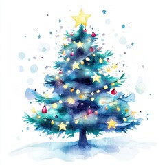 A painted festive Christmas tree decorated with lights and ornaments