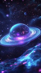 Futuristic Space Odyssey: Abstract Marketing Background with Minimalist Deep Space and Translucent Spacecraft. Rainbow Meteorite Belt Orbiting Luminous Gas Planet. Acrylic Star Refraction and Surreal 