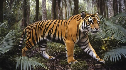 Obraz premium A majestic tiger walks through a lush green forest environment