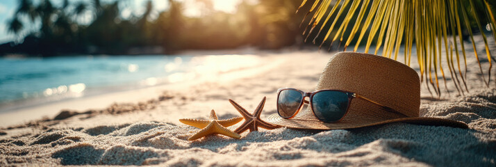 summer layout with sunglasses, hat, starfish, and palm leaves on beautiful sandy beach with sea, ocean in the background tropical vacation vibes and copy space for design or text,banner