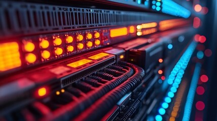 Server rack with colorful lights and organized cables in a data center