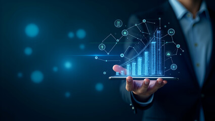 Elegant Digital Visualization of Tech Disruption in Finance: Advanced Fintech Integration, Revolutionary Digital Banking, and Data Analytics for Strategic Market Impact - Photo Stock Concept with Empt