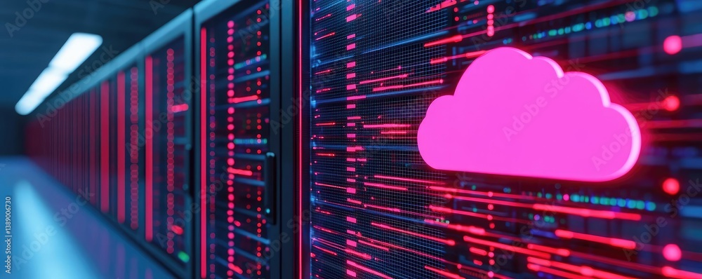 Aufkleber Clouds server intelligent glowing system driving globalization concept. Modern data center with cloud computing representation.