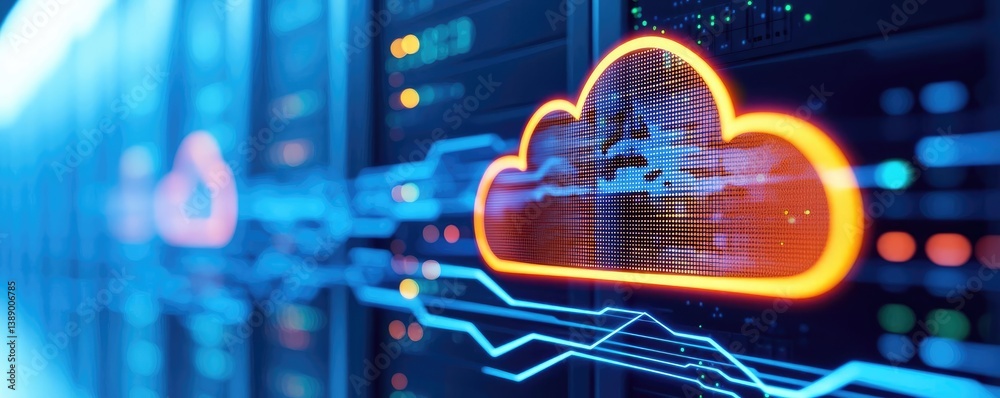 Poster Clouds server intelligent glowing system driving globalization concept. Modern cloud computing technology with digital data visualizations.