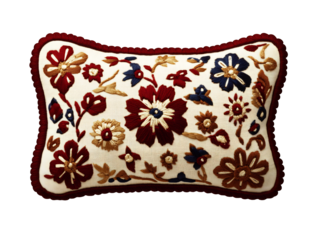Elegant embroidered floral pillow rich warm colors. AI Generated