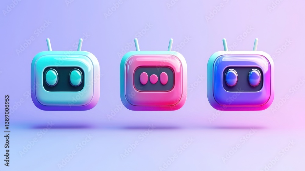 Poster colorful set of three different app icons representing modern chatbot applications for mobile and we