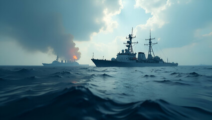 Fototapeta premium Refined Visual Narrative: Maritime Disputes, Contested Waters, Naval Strategy & Geopolitical Tensions in Critical Sea Lanes - Photo Stock Concept with Empty Space