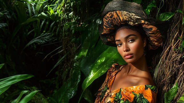 Eco Friendly Fashion model wearing sustainable eco friendly fashion posed in a lush green natural environment