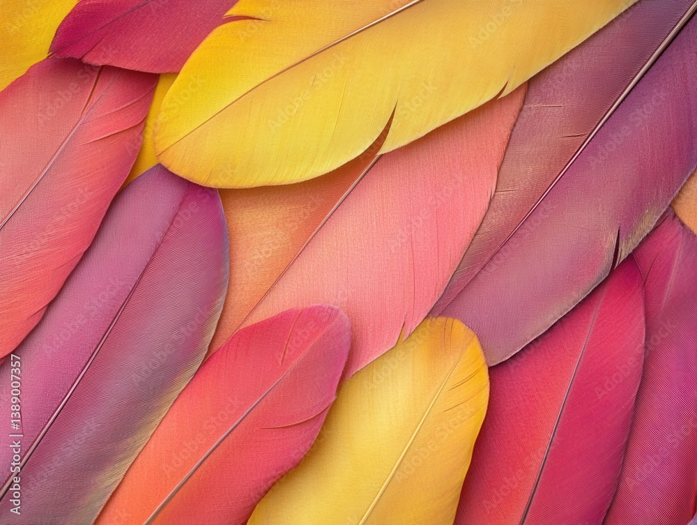 Poster abstract arrangement of vibrant feathers in warm tones creating a soft and colorful background for a