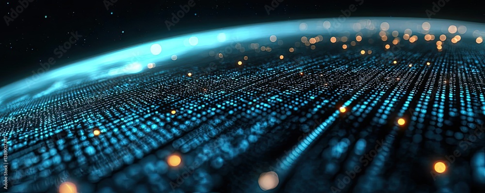 Poster Cloud server intelligent innovation driving global systems concept. A detailed view of a digital landscape with binary data flowing.