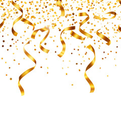 Golden confetti and ribbon streamers falling down on a for celebration design use on transparent background