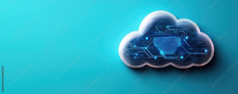 Poster Cloud server intelligent innovation for managing systems concept. Futuristic digital cloud icon with circuit patterns against a blue backdrop.