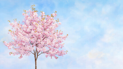 beautiful watercolor artwork of pink cherry blossom tree against soft blue sky, evoking sense of tranquility and nature beauty
