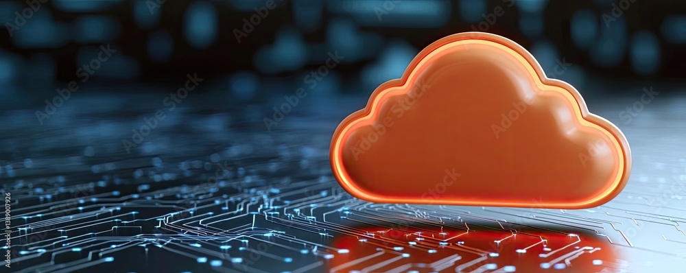 Poster clouds server intelligent glowing system driving globalization concept. a vibrant orange cloud icon 