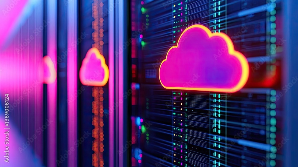 Poster Clouds server intelligent glowing system driving globalization concept. Digital cloud storage concept with colorful server lights.