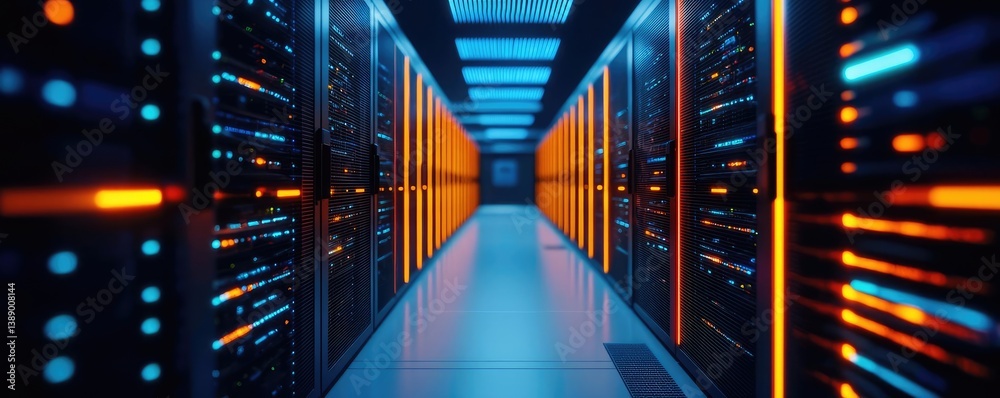 Poster Cloud server intelligent innovation driving global systems concept. Futuristic data center interior with illuminated server racks.