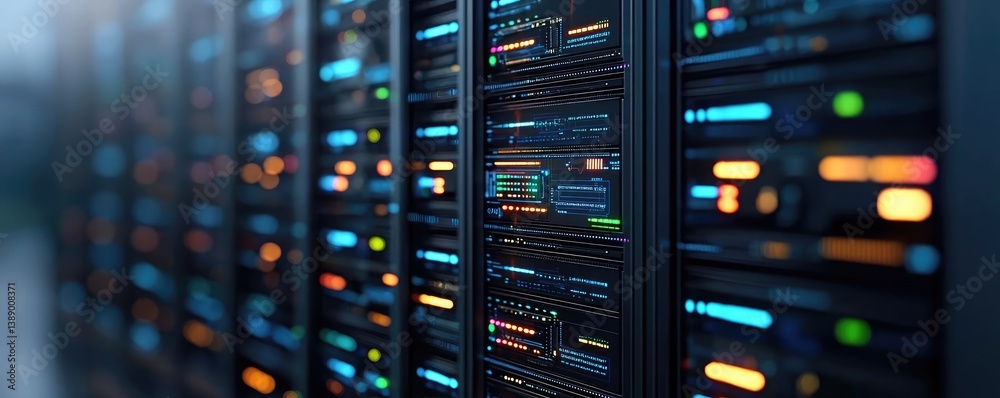 Poster Cloud server intelligent innovation for managing systems concept. Close-up of server racks with illuminated indicators and connections.