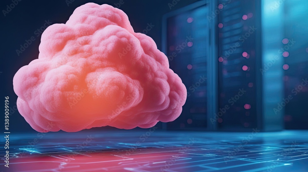 Poster Clouds server intelligent glowing system driving globalization concept. A vibrant cloud rendered in 3D, symbolizing data and technology.