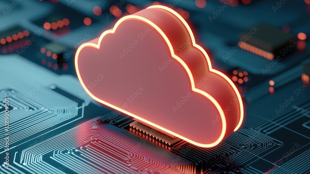 Poster Clouds server intelligent glowing system driving globalization concept. Digital cloud symbol on circuit board with glowing details.