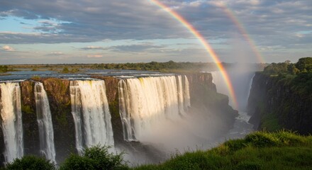 Fototapeta premium A double rainbow arches above majestic waterfalls and surrounding landscape