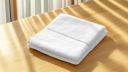 A neatly folded white towel on a wooden table illuminated by soft sunlight through curtains