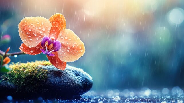 An exquisite orchid flower blooming in the gentle rainfall environment