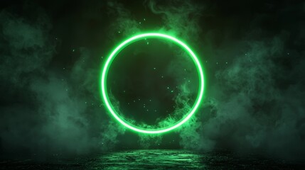Green neon ring emitting powerful light beams, particles scattered in mid-air, dark cosmic background with misty effects