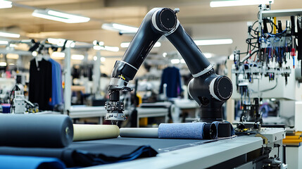 A robotic arm in an automated clothing manufacturing facility, surrounded by fabric rolls, sewing machines