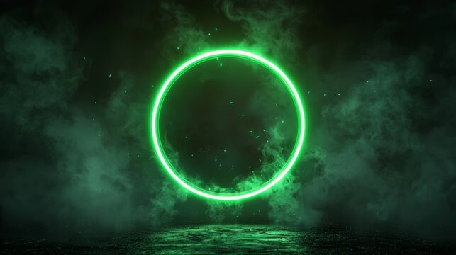 Green neon ring emitting powerful light beams, particles scattered in mid-air, dark cosmic background with misty effects