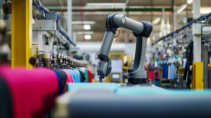 A robotic arm in an automated clothing manufacturing facility, surrounded by sewing machines, fabric rolls