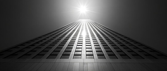 Ascending Perspective of a Modern Skyscraper in Black and White with Sunburst Highlighting Architectural Detail and Urban Landscape