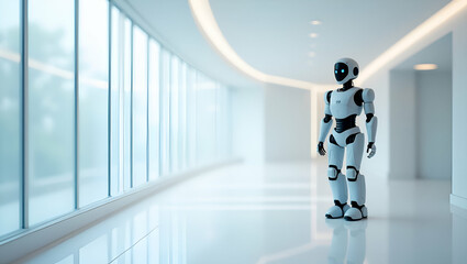 Explore minimalist wallpaper designs featuring expansive empty space and refined geometric aesthetics, perfect for showcasing futuristic service robots.