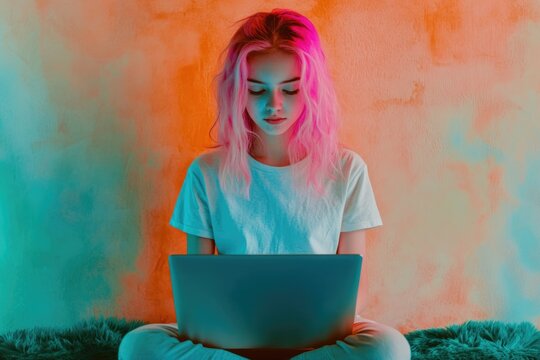 Young woman with pink hair sits on a fluffy rug using a laptop against a vibrant orange and teal background.